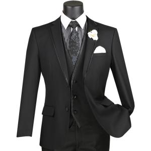 VINCI Men's Black 3pc 2 Button Slim Fit Tuxedo Suit w/ Matching Vest NEW