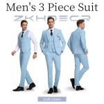 ZKHOECR Men's Suits 3 Piece Slim Fit Suit for Men Light Blue Casual Linen Suits