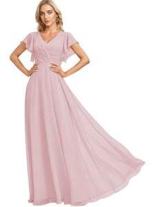 Nicktane Long Chiffon Bridesmaid Dresses - V Neck Ruffled Sleeves Formal Gown Elegant Wedding Guest Party Dress Dusty Rose A US28