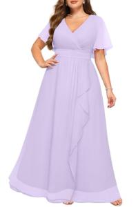 Lavender Dress Women Plus Size Bridesmaid Dresses Lilac Formal Wedding Guest Chiffon Short Sleeves A Line Light Purple