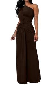 Memoriesea Women's Elegant Sleeveless One Shoulder Bodycon Evening Cocktail Maxi Dress Brown