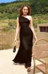 Memoriesea Women's Elegant Sleeveless One Shoulder Bodycon Evening Cocktail Maxi Dress Brown