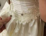 MARY'S BRIDAL Ivory Satin w/Pearls BOW BACK Long Train WEDDING DRESS Fits SZ 6