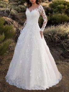 Sheer Lace Wedding Dress for - Long Sleeve Solid Color Bridal Gown with Pencil T