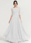 A-line Scoop Illusion Floor-Length Lace Chiffon Wedding Dress w/ Pleated Sequins