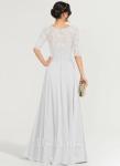 A-line Scoop Illusion Floor-Length Lace Chiffon Wedding Dress w/ Pleated Sequins