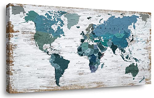Teal World Map Canvas Art for Home Decor