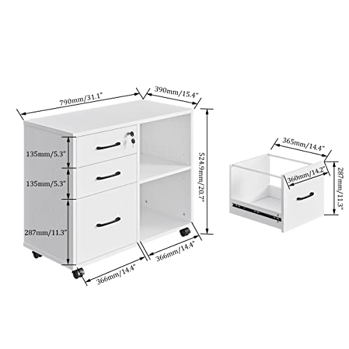 White 3-Drawer Rolling Filing Cabinet with Shelf