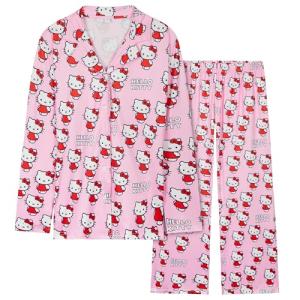 Hello Kitty Pajamas for Women Teens Long PJs Comfy Kawaii Button Down Lounge Set (Pink, M)