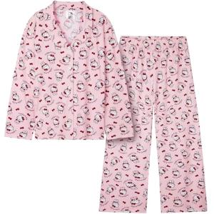 Hello Kitty Sanrio 2 Pc Pajamas Set for Girls Teens, Top, PJ Pants, Kawaii Lounge Set, Kuromi Cute Sleepwear Gifts for Girls (7-8 Years, Pink Hello Kitty)