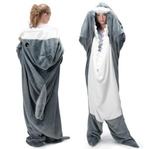 Touchat Shark Blanket for Adult Super Soft Cozy Flannel Throw Wearable Blanket, Cartoon Animals Blanket Hoodie, Sleeping Bag Cosplay Costume Gifts for Shark Lovers (Grey, L)