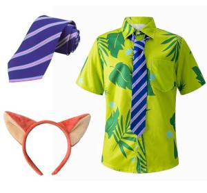 Halloween Cosplay Costume Halloween costume for men Green Printed T-Shirt headband Purple Tie set (XXL)
