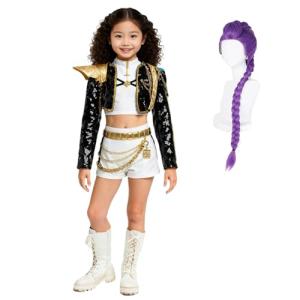 FENGLONG-YB Costume Cosplay Golden For Girls Women With Wigs Halloween Top Pants Full Set Outfit