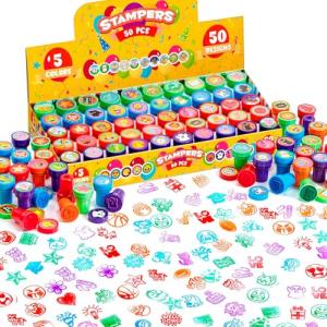 JOYIN 50 Pcs Assorted Stamps for Kids - Self-Ink Stamps with 50 Designs for Birthday Party Favor, Carnival Prizes, School Stampers, Goodie Bag, Halloween, Christmas (Zoo, Holiday Stampers)