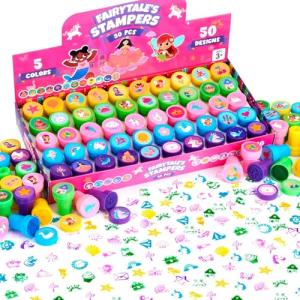 JOYIN 50 Pcs FairyTale's Themed Stamps for Kids - Self-Ink Stamps with 50 Designs for Birthday Party Favor, Carnival Prizes, Goodie Bag, Halloween, Christmas (Mermaid, Princess, Unicorn Stampers)