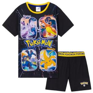 Pokemon T Shirt & Shorts Set for Boys Teens 2 Piece Anime Lounge Set Outfit (Black/Yellow, 9-10 Years)