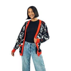 Hello Kitty & Friends Character Face Outlines Women's Black Long Sleeve Grandma Cardigan-XL