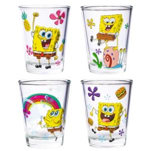 Silver Buffalo SpongeBob SquarePants Featuring Gary Poses Floral Krabby Patty 4 Pack Mini Glass Set, 1.5 Ounces