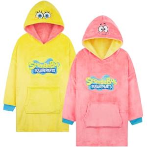 SPONGEBOB SQUAREPANTS Reversible Hoodie Blanket for Boys Teens, 7–13 Years, Hooded Loungewear with Pocket, Gifts for Boys