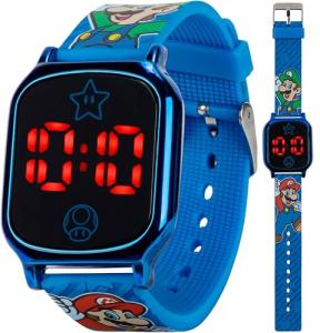 Super Mario Kids Touch-Activated LED Watch - Digital Time Display, Blue Alloy Case, Soft Silicone Strap, Fun Mario & Luigi Design - Fits Wrists 5.5" to 8"