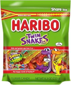 HARIBO Gummi Candy, Twin Snakes Sweet & Sour Gummy Candy, 8.3 Ounce Resealable Share Size Stand Up Bag, Soft & Chewy Snacks, Assorted Fruity Flavors