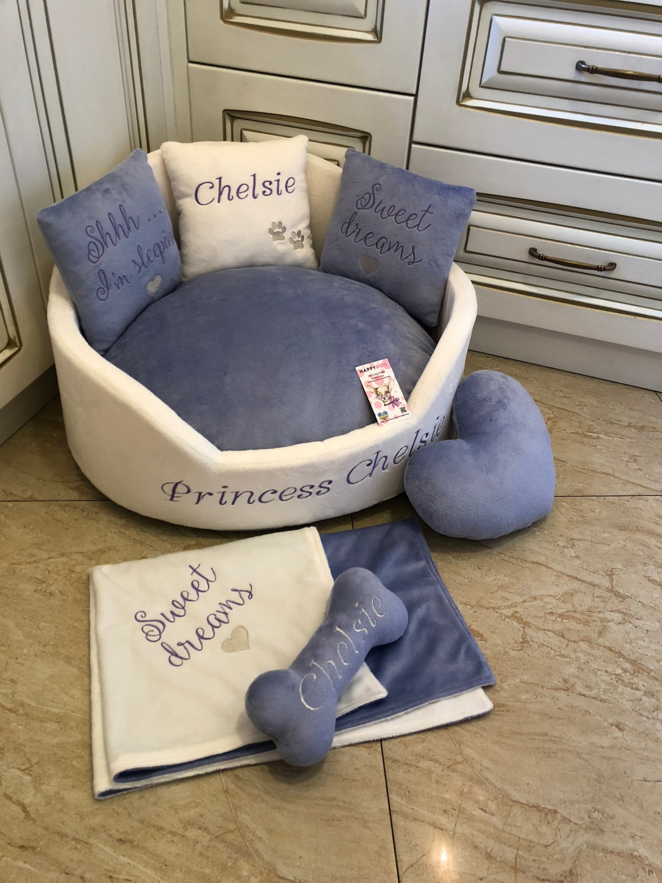 Personalized Cream and Lavender Luxury Dog Bed