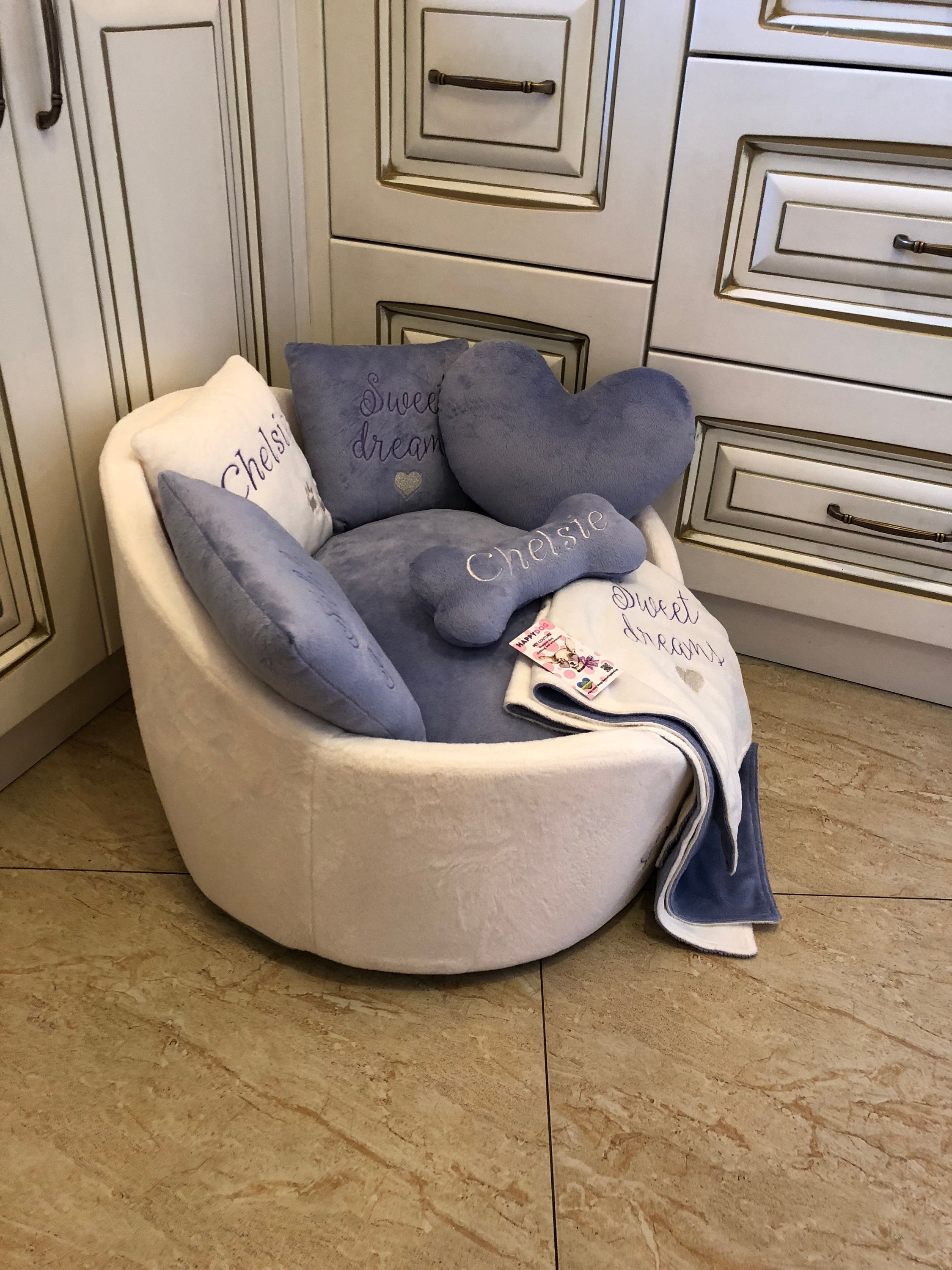 Personalized Cream and Lavender Luxury Dog Bed