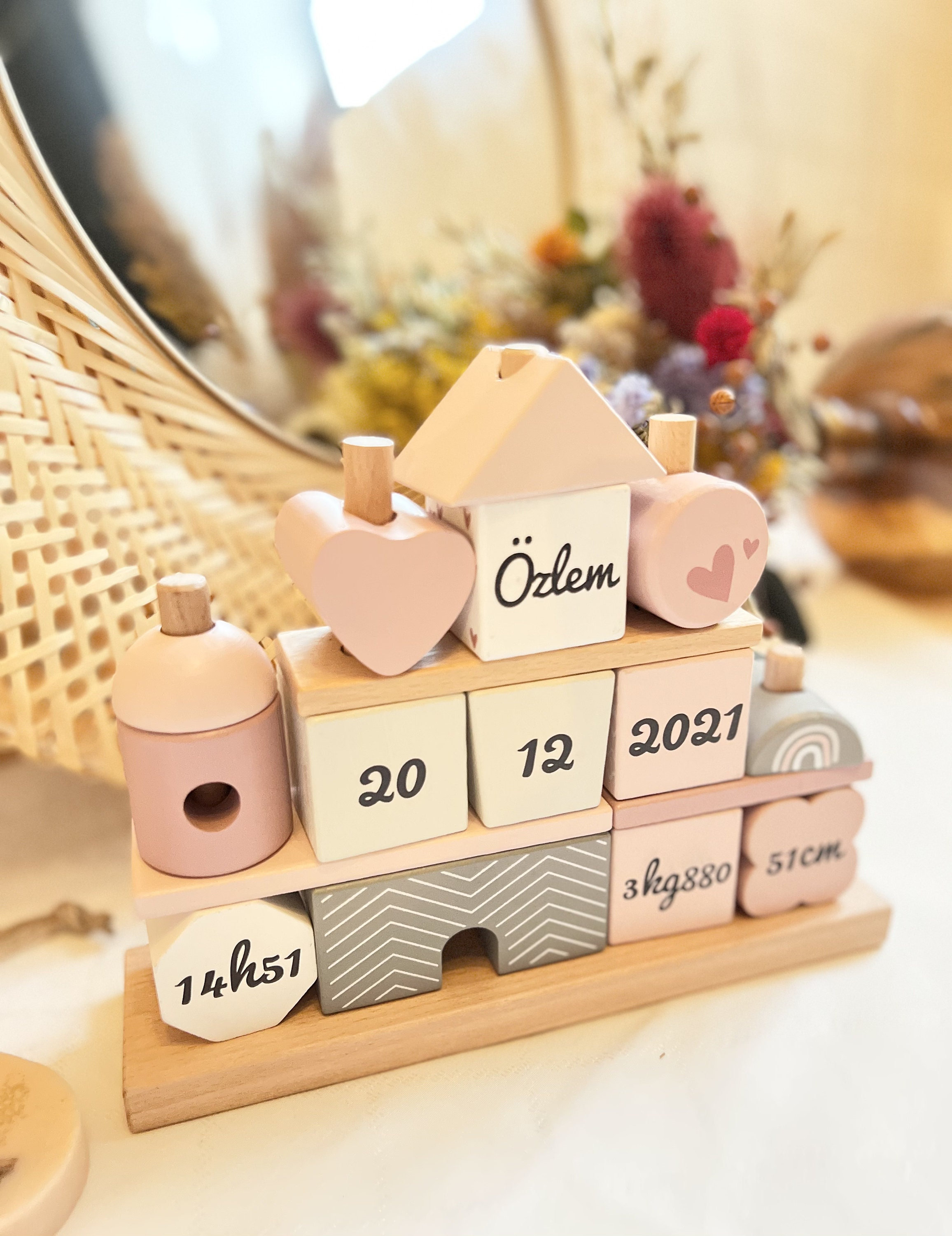 Personalized Pink Stacking Blocks with Name and Date