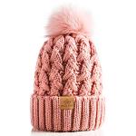 Womens Rose Pink Ribbed Beanie with Pompom