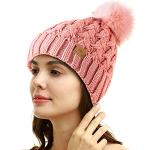 Womens Rose Pink Ribbed Beanie with Pompom