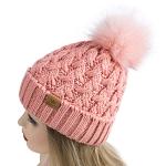 Womens Rose Pink Ribbed Beanie with Pompom