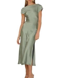Satin Backless Midi Dress with Twist Cap Sleeves