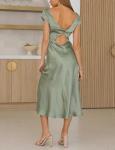 Satin Backless Midi Dress with Twist Cap Sleeves