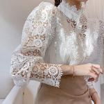 Long Sleeve White Lace Trim Blouse for Women