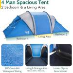 Trail Hartland 4 Man 2 Room Tent With Living Area and Awning, 3000mm Waterproof Rating, Tunnel Tent with Dark Zone Bedroom Technology, Family Camping, Bag Included (420cm x 210cm x 140/115cm)