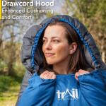 Trail Alpine 400 Hooded Sleeping Bag, 3 to 4 Season Extra Warm Double Quilted 400gsm Hollowfibre Filling, Snug Drawcord Hood, Full Length 2 Way Zipper, Single Adult, Lightweight with Bag (Blue)