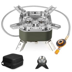 Adiwo 15800W Windproof Camping Gas Stove, Foldable Rocket Camping Stove with Carry Box, Outdoor Camping Gas Burner for Cooking, Hiking, Camping, Trekking, Picnic, Trekking, BBQ（Army Green）