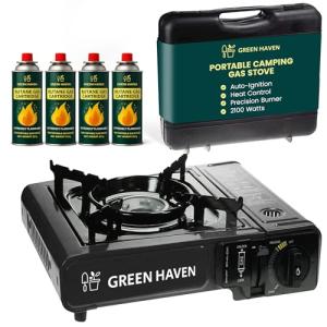 GREEN HAVEN Black Portable Camping Stove with Cary Case & 4 Butane Gas - Premium Camping Gas Stove, EN417 Compliant, Portable with Automatic Ignition & Heat Control