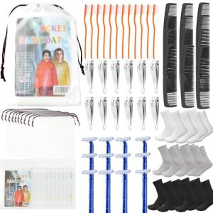 84 Pcs Homeless Care Package Supplies Bulk Hygiene Kits with Nail Clipper, Prepasted Disposable Toothbrushes, Razors, Ponchos, Combs, Socks & Drawstring Bags — Ideal Charity or Personal Travel Package