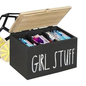 Tampon Box - Wooden Organizer With Dividers, Secure Lid | Bathroom Storage, Vanity Holder For Tampons, Napkins, Personal Care Items, Guest Restrooms, Home, Hotel, Counter Organization