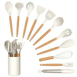 Kitchen Utensil Set, 12 PCS Silicone Cooking Utensils Set with Wooden Handle, Heat Resistant, Nonstick Cookware Tongs Spatula Spoon Set, Dishwasher Safe, Best Kitchen Tools (Cream)