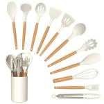 Kitchen Utensil Set, 12 PCS Silicone Cooking Utensils Set with Wooden Handle, Heat Resistant, Nonstick Cookware Tongs Spatula Spoon Set, Dishwasher Safe, Best Kitchen Tools (Cream)