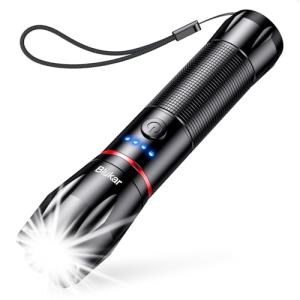 Blukar ​LED Torch Rechargeable, Super Bright Flashlight with 5 Modes, Adjustable Focus, Water Resistant, Lightweight Handheld Torch for Camping, Running, Dog Walking, Power Cut, Emergency etc-Black