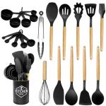 Silicone Kitchen Utensils 22 Pieces, Set of Utensils da Cucina per Pentole Antiaderenti, Heat and Non-Stick with Wooden Handle for Utensils BPA Free (Black)