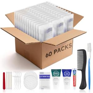 Toiletry Kits Travel Essentials Disposable Hygiene in Bulk, Trial Size Toiletries Supplies Individually Wrapped Traveling Personal Care Items, for Camping, Hotel, Homeless, Charity, 8-in-1 (60-Pack)