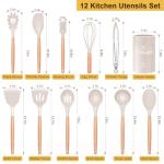 12 PCS Kitchen Utensil Set, Silicone Cooking Utensils with Holder, Natural Wooden Handle Cookware Tongs Spatula Spoon Set, Non Stick & Heat Resistant, Dishwasher Safe (Khaki)