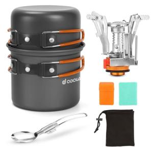 Odoland Camping Cookware Set With Stove for 1-2 People - Portable Campfire Stainless Steel Cook Gear Traveling Cooking Equipment Utensils Outdoor Cooking Kit for Trekking Hiking Picnic