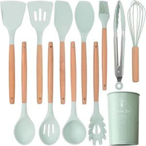 11 Pcs Silicone Cooking Kitchen Utensils Set,Non Stick Silicone Cooking Utensil Set ，Wooden Handle Heat Resistance，Cooking Stirring Tools (Green)