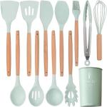11 Pcs Silicone Cooking Kitchen Utensils Set,Non Stick Silicone Cooking Utensil Set ，Wooden Handle Heat Resistance，Cooking Stirring Tools (Green)