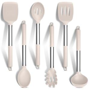 HaWare Kitchen Utensils Set, 6 Pcs Silicone Cooking Utensils with Stainless Steel Handle, Heat Resistant Kitchen Tools for Non-Stick Cookware, Ladle Turner Spoon Pasta Server, Dishwasher Safe - Khaki